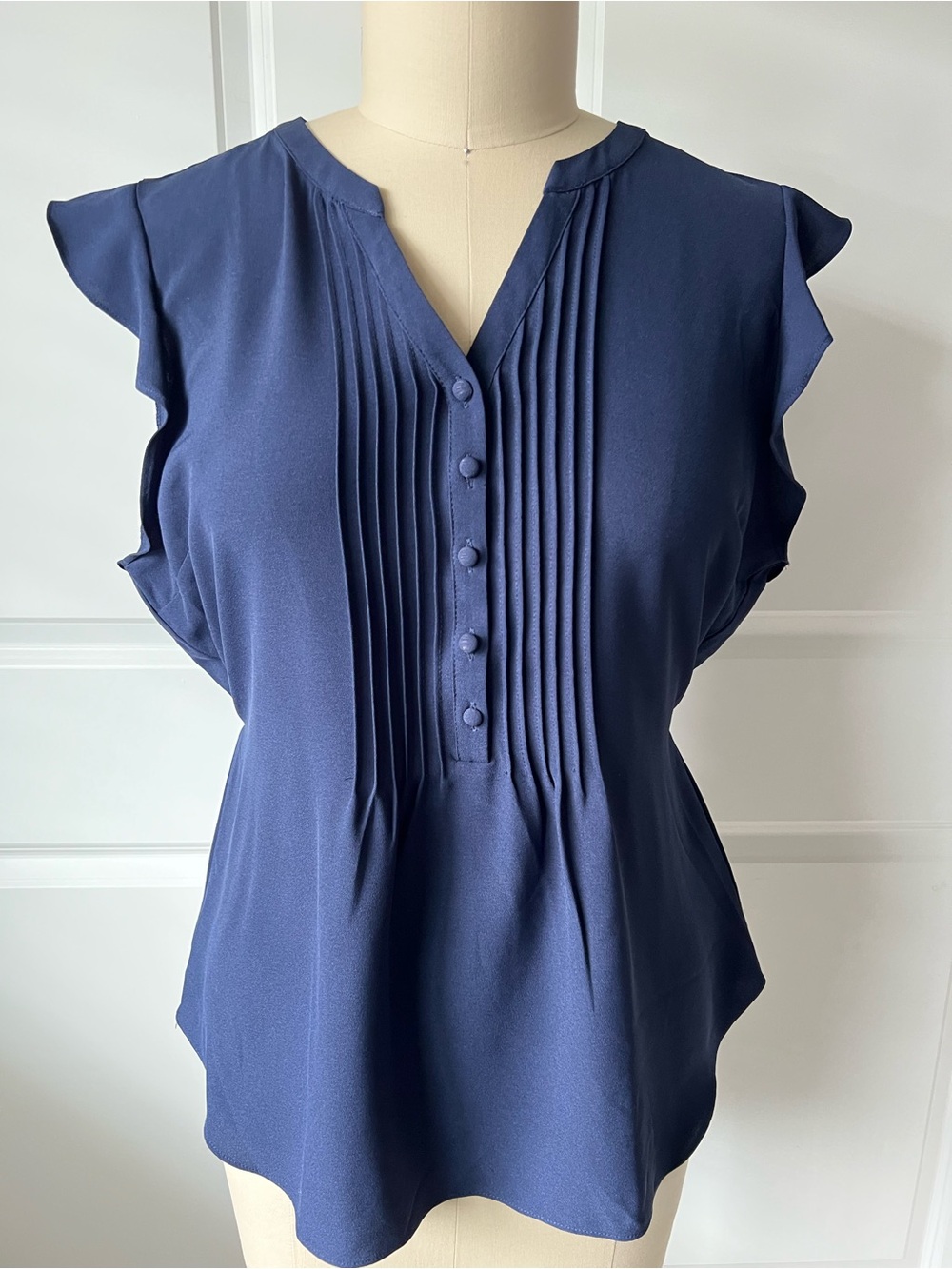 Modcloth Navy Pintuck Flutter-Sleeve Blouse